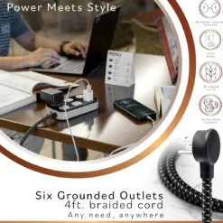 Cordinate ADAPT 6-Outlet 4ft. Braided Extension Cord with Surge Protection, Black/Gray