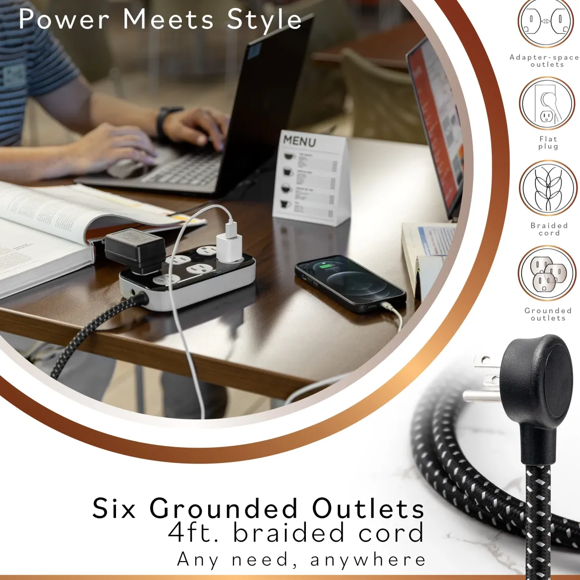 Cordinate ADAPT 6-Outlet 4ft. Braided Extension Cord with Surge Protection, Black/Gray