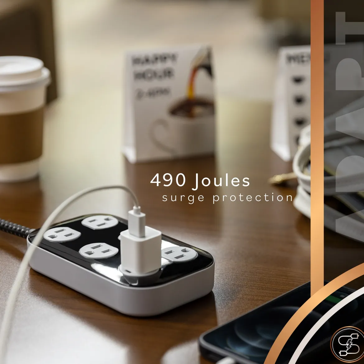 Cordinate ADAPT 6-Outlet 4ft. Braided Extension Cord with Surge Protection, Black/Gray