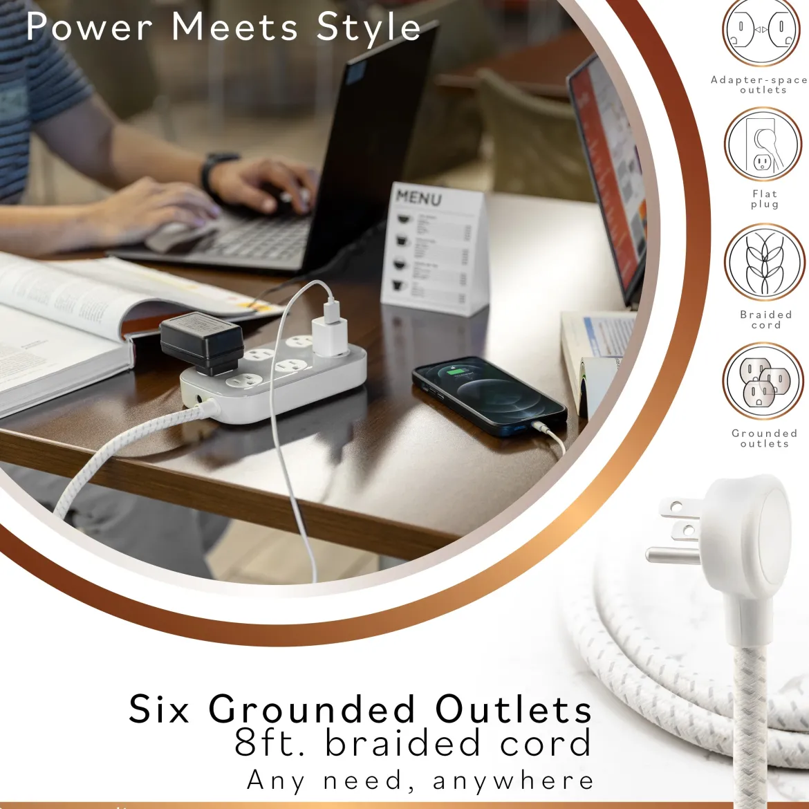 Cordinate ADAPT 6-Outlet 8ft. Braided Extension Cord With Surge Protection, Cream/Gray