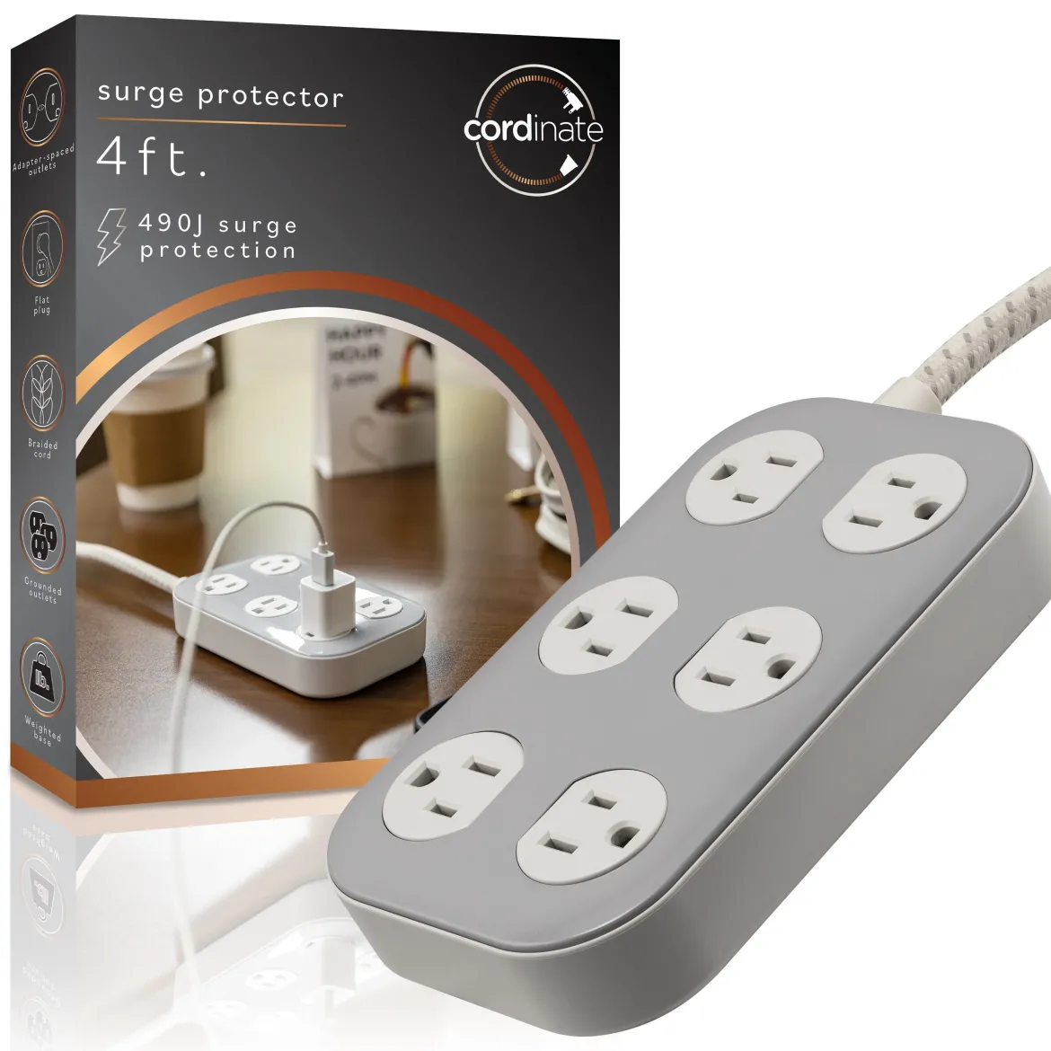 Cordinate ADAPT 6-Outlet 4ft. Braided Extension Cord with Surge Protection, Cream/Gray