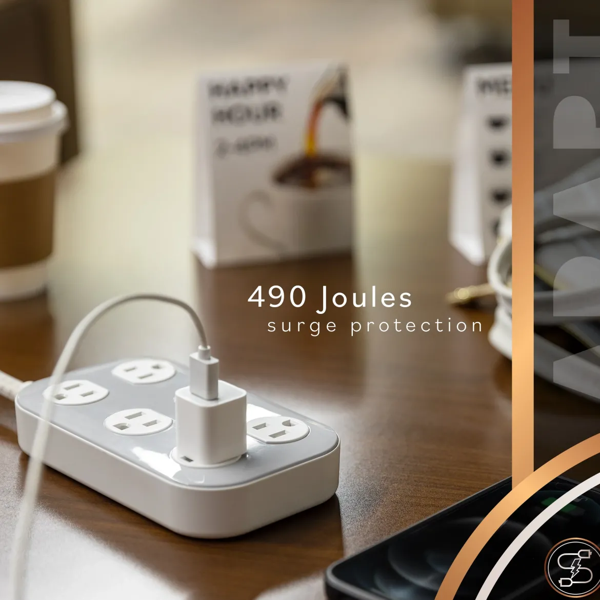 Cordinate ADAPT 6-Outlet 4ft. Braided Extension Cord with Surge Protection, Cream/Gray