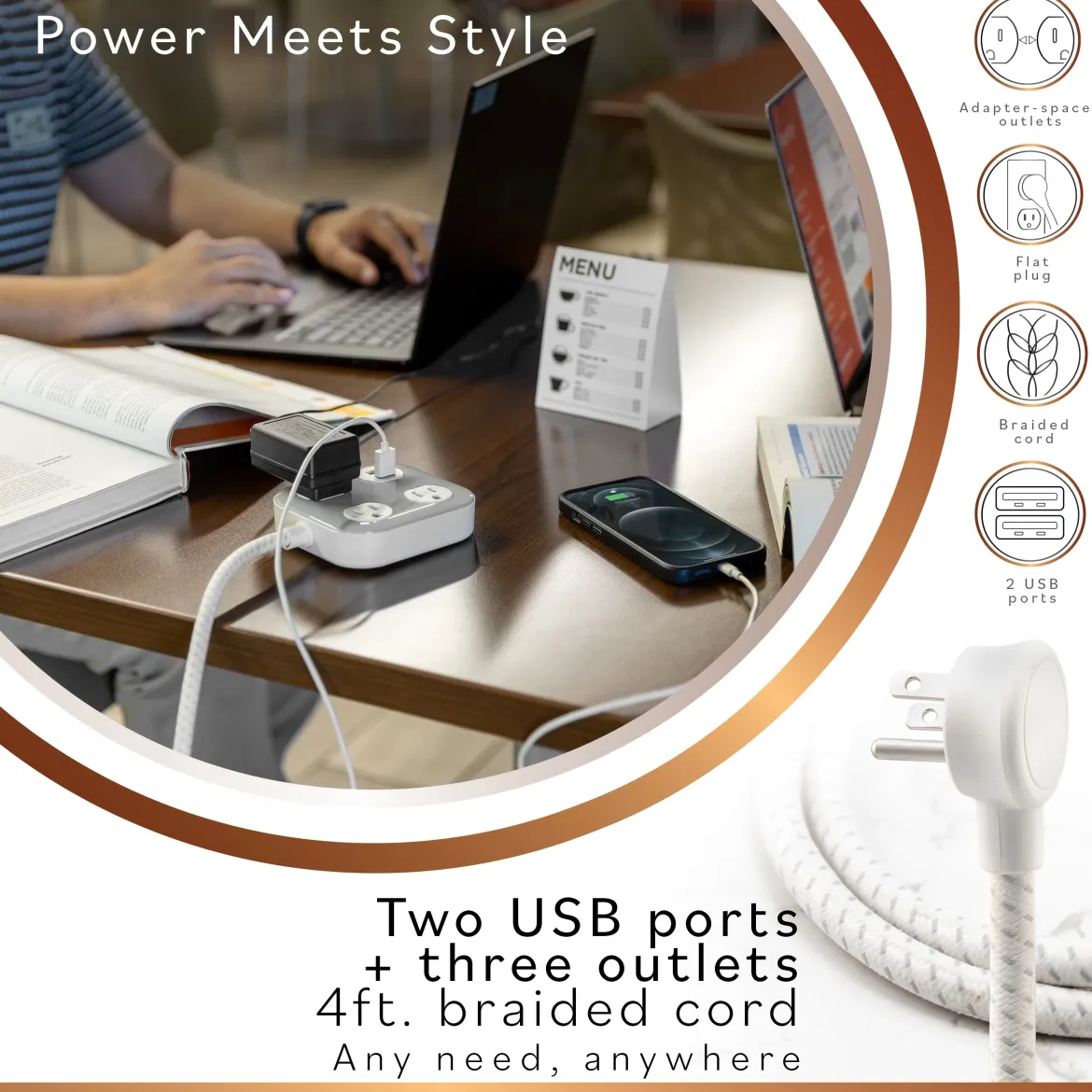 Cordinate ADAPT 3-Outlet, 2-USB 4ft. Braided Extension Cord, Cream/Gray