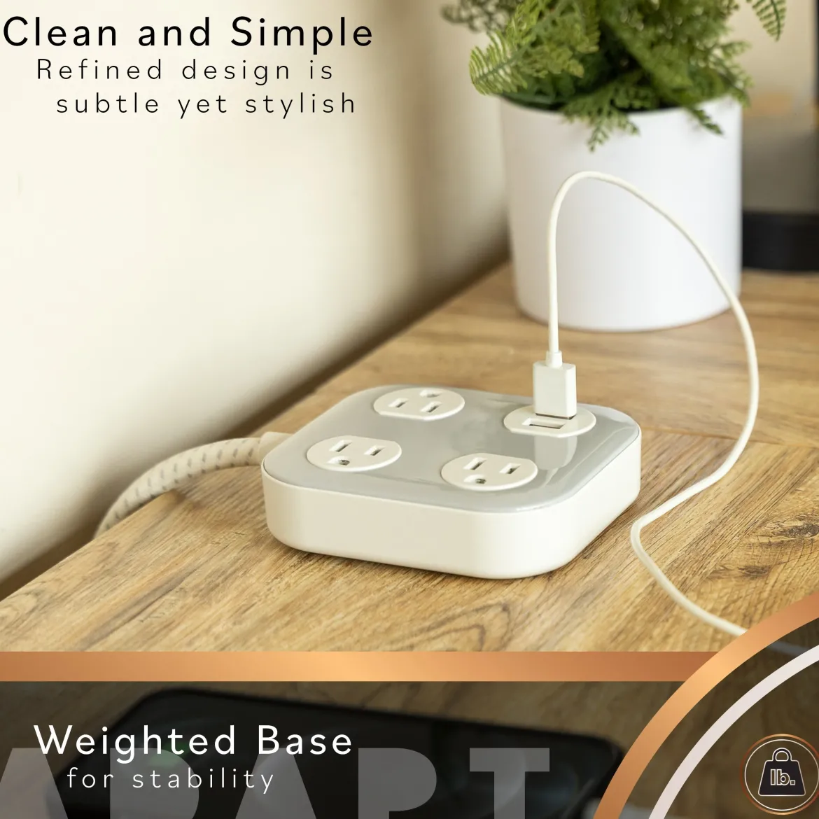 Cordinate ADAPT 3-Outlet, 2-USB 4ft. Braided Extension Cord, Cream/Gray