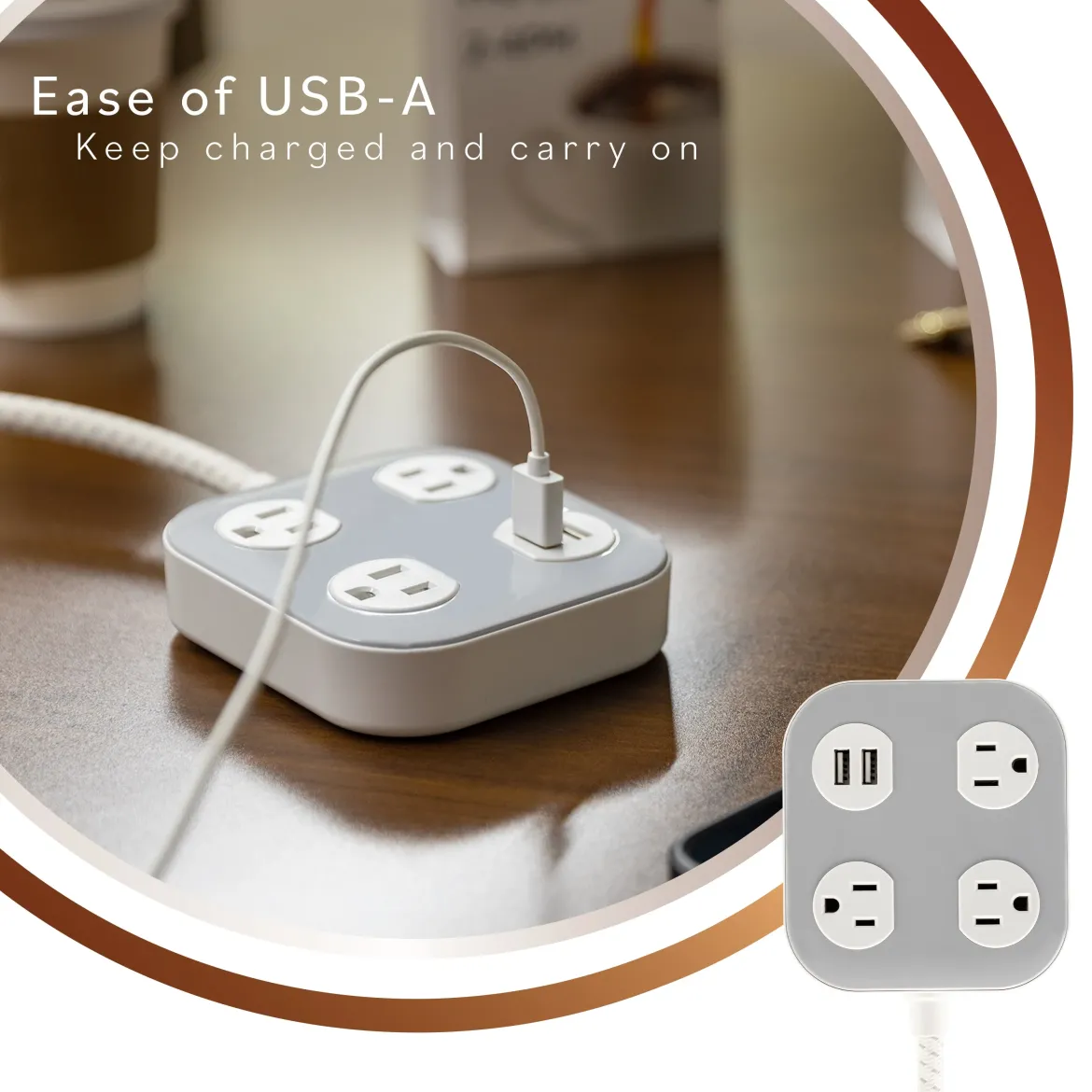 Cordinate ADAPT 3-Outlet, 2-USB 4ft. Braided Extension Cord, Cream/Gray