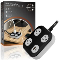 Cordinate ADAPT Surge Protector, 3-Outlet, 1 USB-A, 1 USB-C, 4ft., Black/Gray