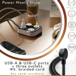 Cordinate ADAPT Surge Protector, 3-Outlet, 1 USB-A, 1 USB-C, 4ft., Black/Gray