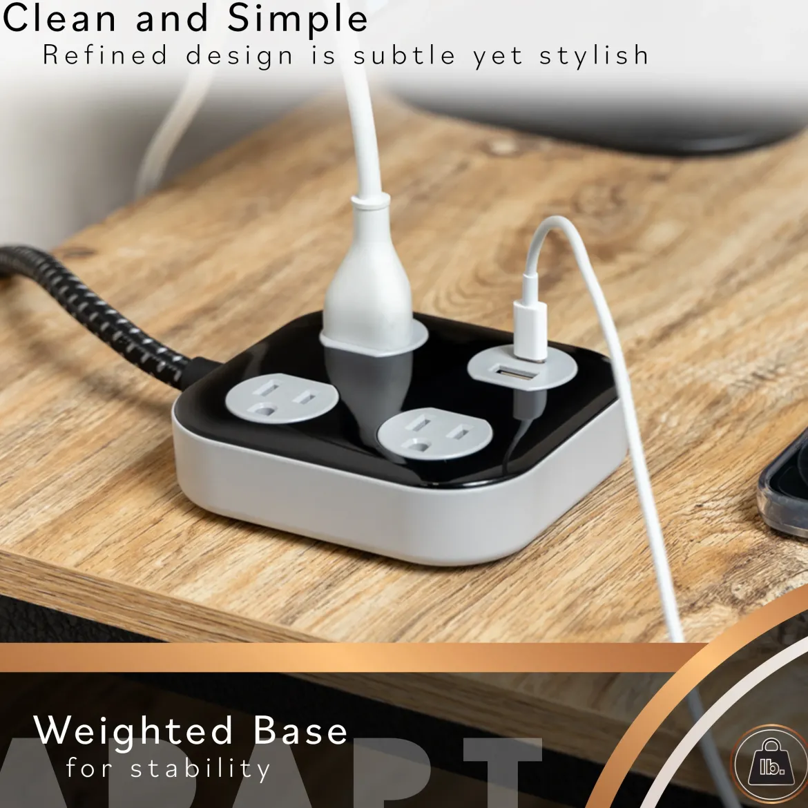 Cordinate ADAPT Surge Protector, 3-Outlet, 1 USB-A, 1 USB-C, 4ft., Black/Gray