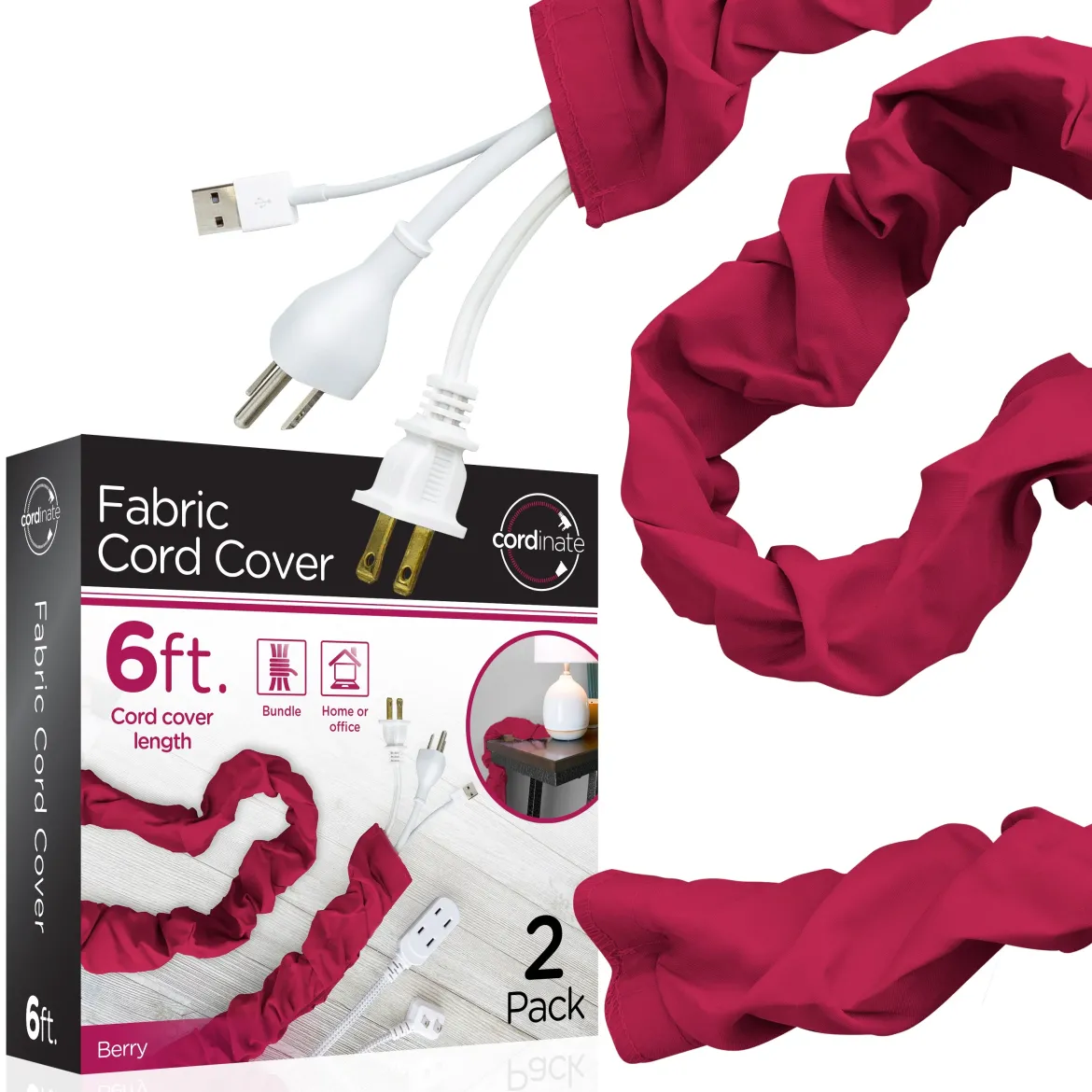 Cordinate 6ft. Fabric Cord Cover, 2 Pack, Berry