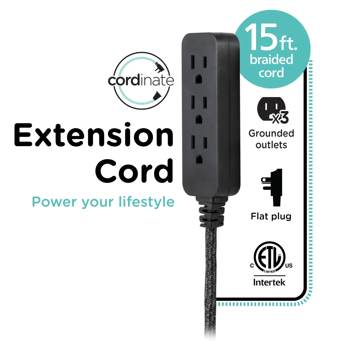 Cordinate 15ft. 3-Outlet Extension Cord, Black Heather