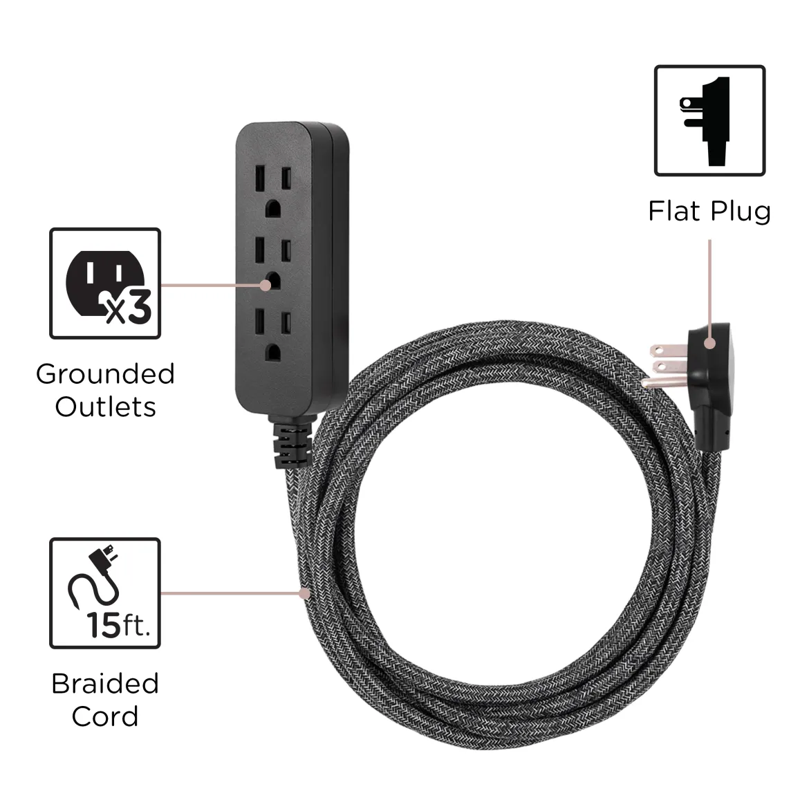 Cordinate 15ft. 3-Outlet Extension Cord, Black Heather