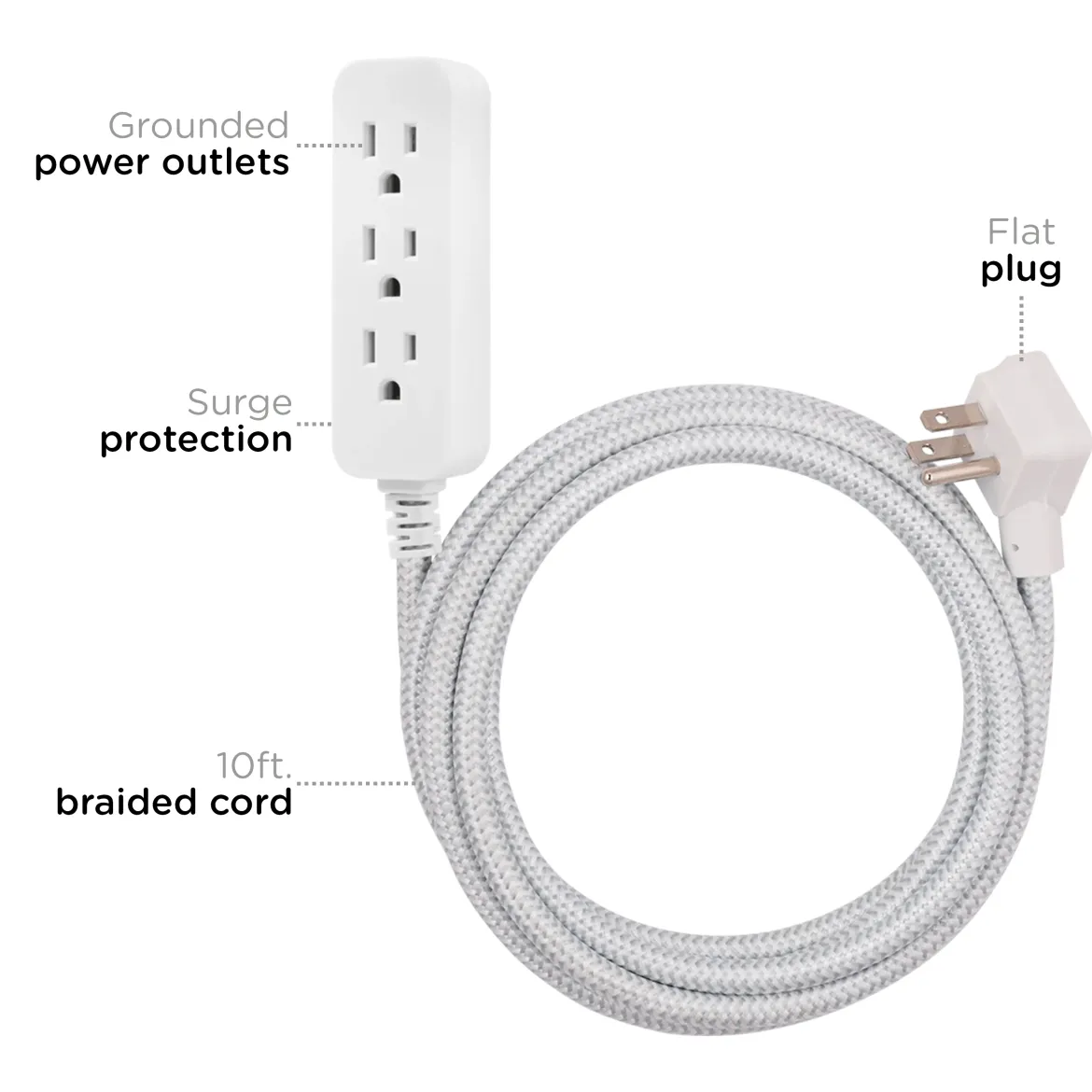 Cordinate 10ft. 3-Outlet Extension Cord, Gray/White