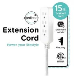Cordinate 15ft. 3-Outlet Indoor Extension Cord, Gray/White