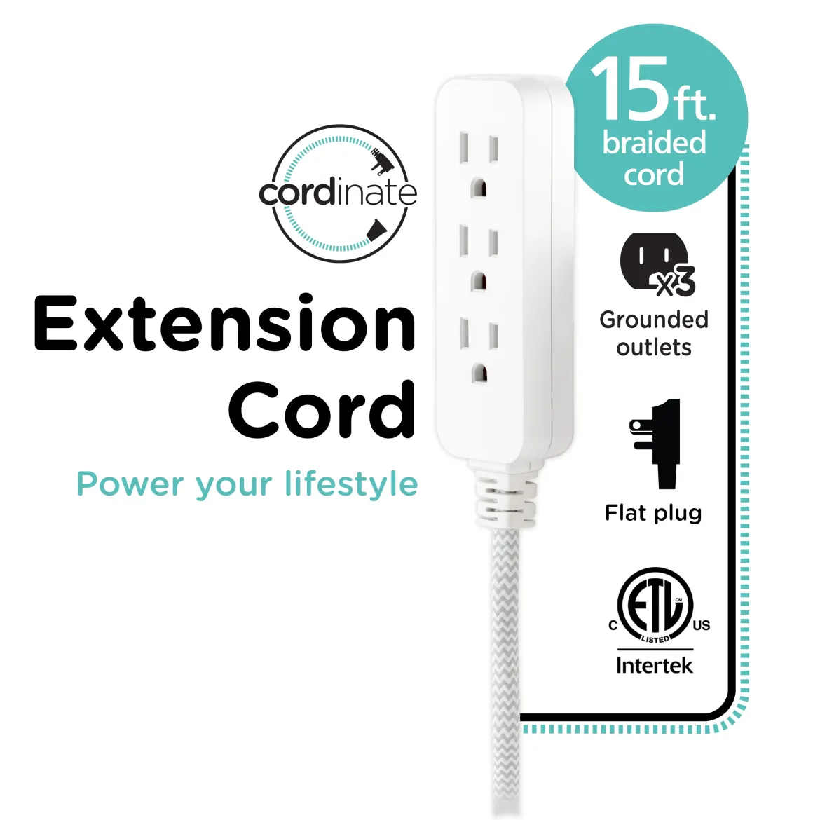 Cordinate 15ft. 3-Outlet Indoor Extension Cord, Gray/White