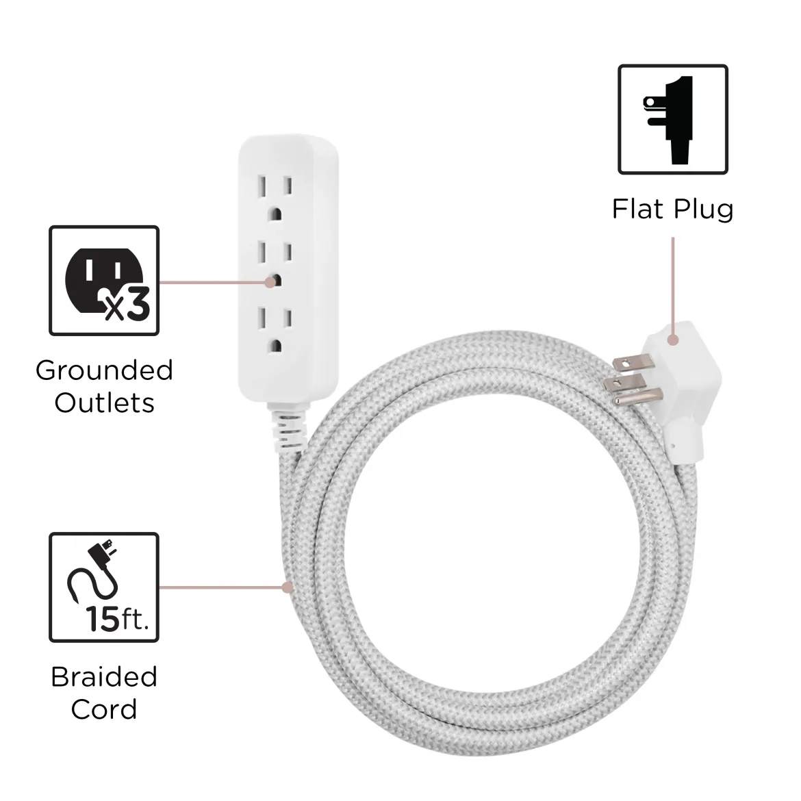 Cordinate 15ft. 3-Outlet Indoor Extension Cord, Gray/White