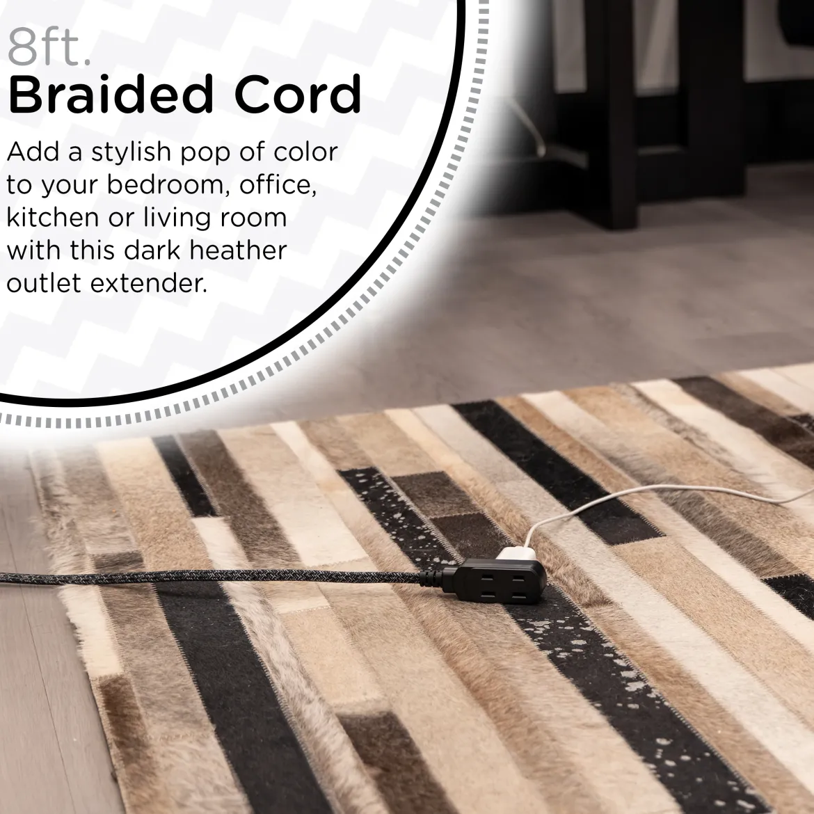 Cordinate 8ft. 3-Outlet Polarized Extension Cord, Black/Gray Heather, Braided Cord