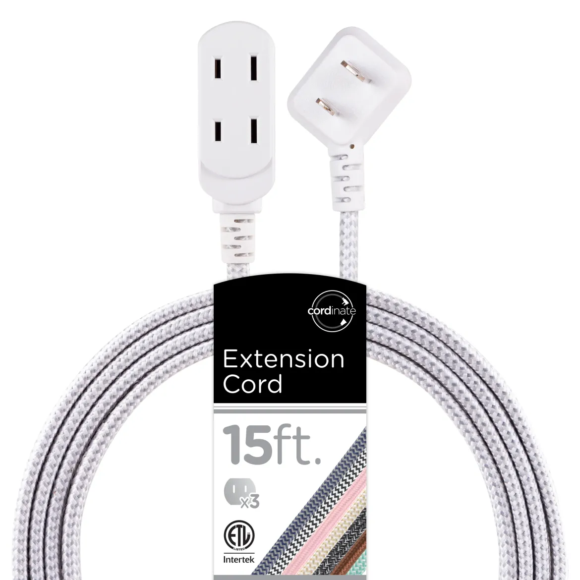 Cordinate 15ft. 3-Outlet Polarized Extension Cord, White/Gray, Braided Cord