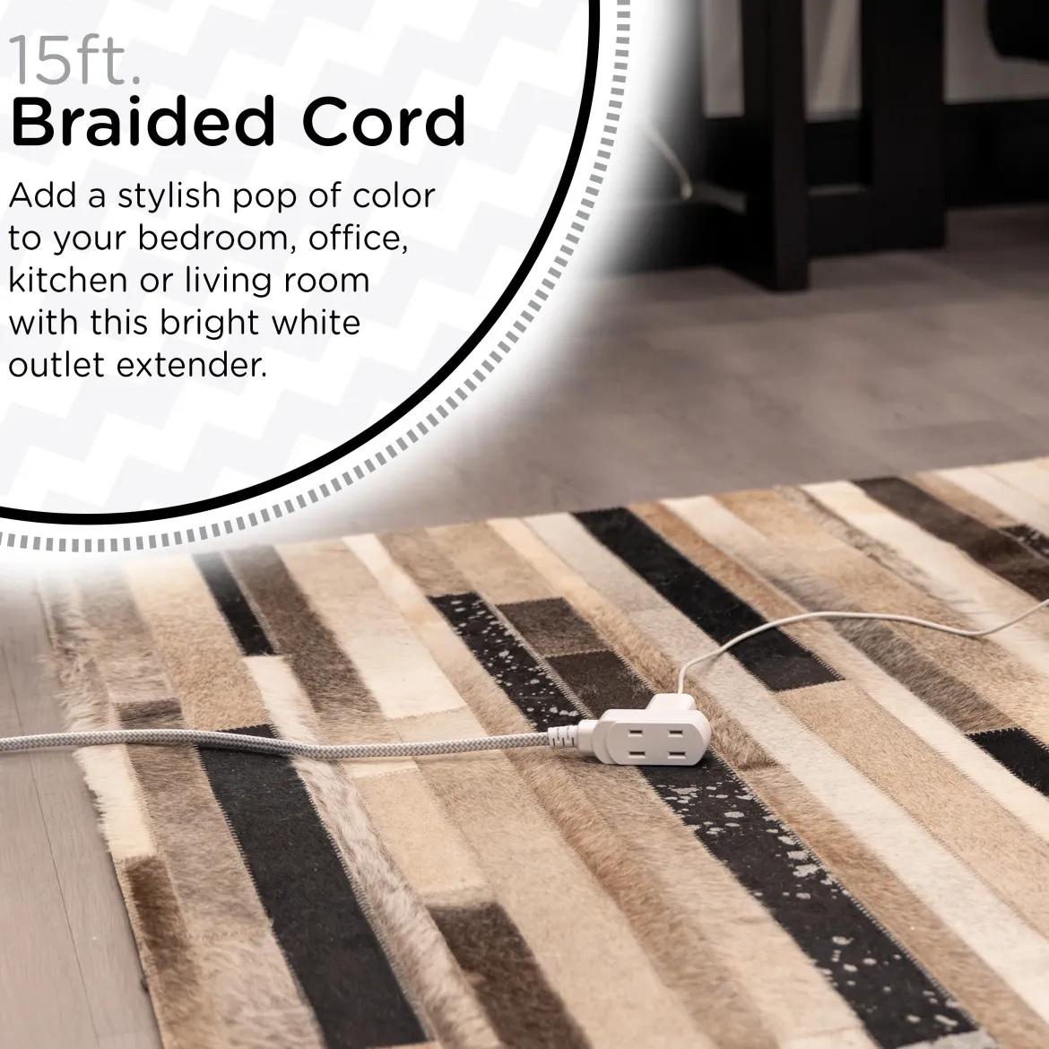 Cordinate 15ft. 3-Outlet Polarized Extension Cord, White/Gray, Braided Cord