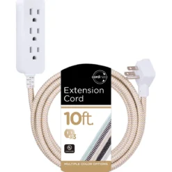 Cordinate 3-Outlet 10ft. Braided Extension Cord with Surge Protection, White/Tan
