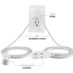 Cordinate 3-Outlet 12ft. Dual Split Extension Cord Braided, Indoor, White