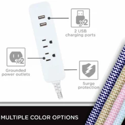 Cordinate 2-Outlet 2-USB 10ft. Braided Extension Cord with Surge Protection, White/Gray
