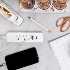 Cordinate 2-Outlet 2-USB 10ft. Braided Extension Cord with Surge Protection, White/Gray