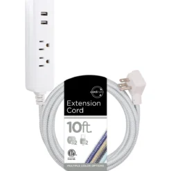 Cordinate 2-Outlet 2-USB 10ft. Braided Extension Cord with Surge Protection, White/Gray