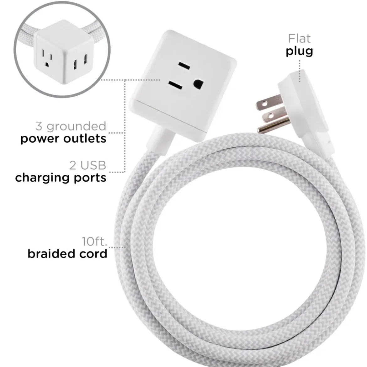 Cordinate 3-Outlet 2-USB 10ft. Braided Extension Cord Cube, White