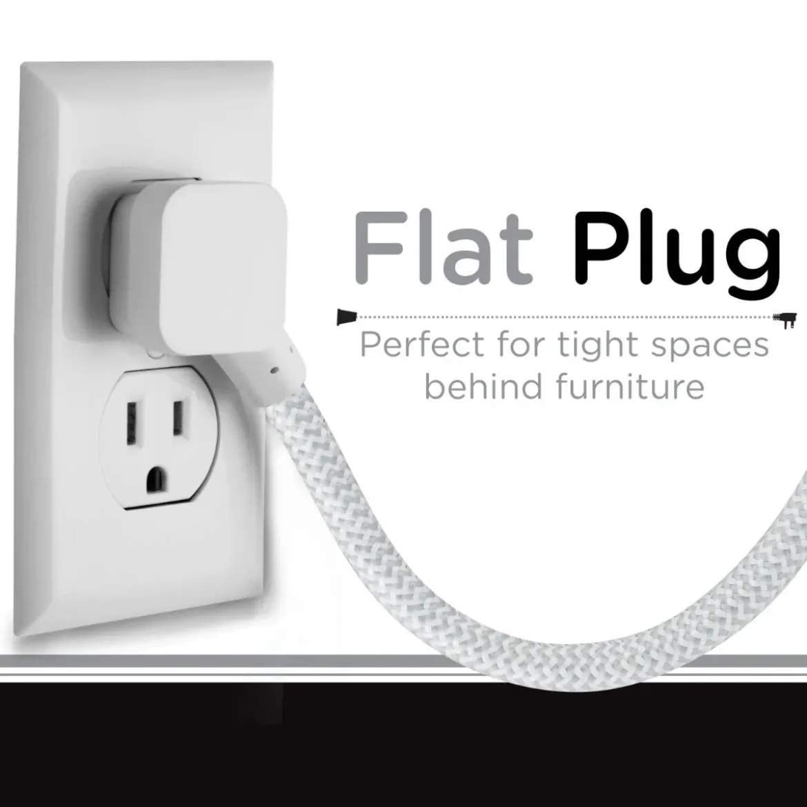 Cordinate 3-Outlet 2-USB 10ft. Braided Extension Cord Cube, White