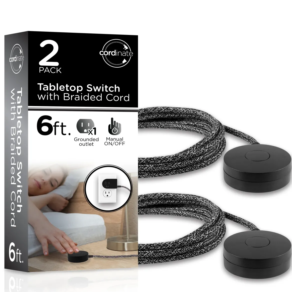 Cordinate Tabletop Switch with Braided Cord, Black, 2pk