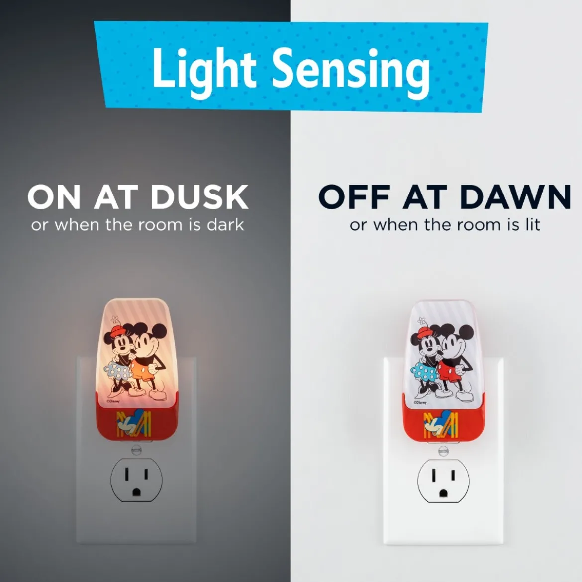Disney Mickey & Minnie Light Sensing LED Night Light, Red