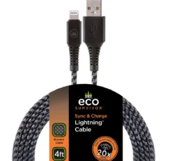 EcoSurvivor 4ft. USB-A to Lightning Charging Cable with Braided Cord, Black/Gray