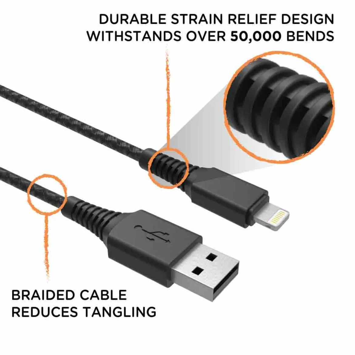 EcoSurvivor 4ft. USB-A to Lightning Charging Cable with Braided Cord, Black/Gray