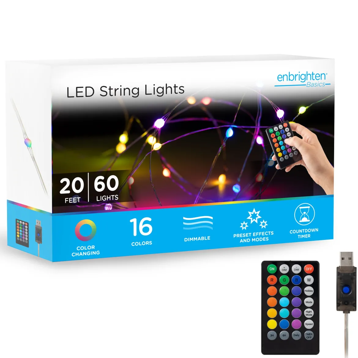 Enbrighten Basics LED Color Changing Fairy String Lights, 60 Lights, 20ft., White
