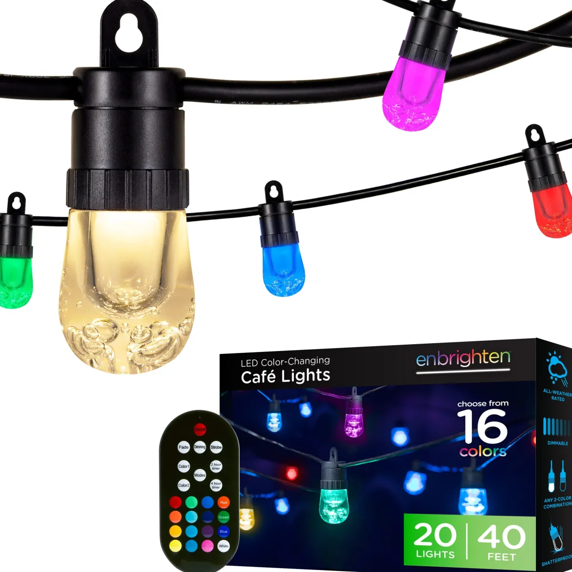 Enbrighten Ecoscapes Seasons Color-Changing LED Cafe Lights, 20 Bulbs, 40ft. Black Cord