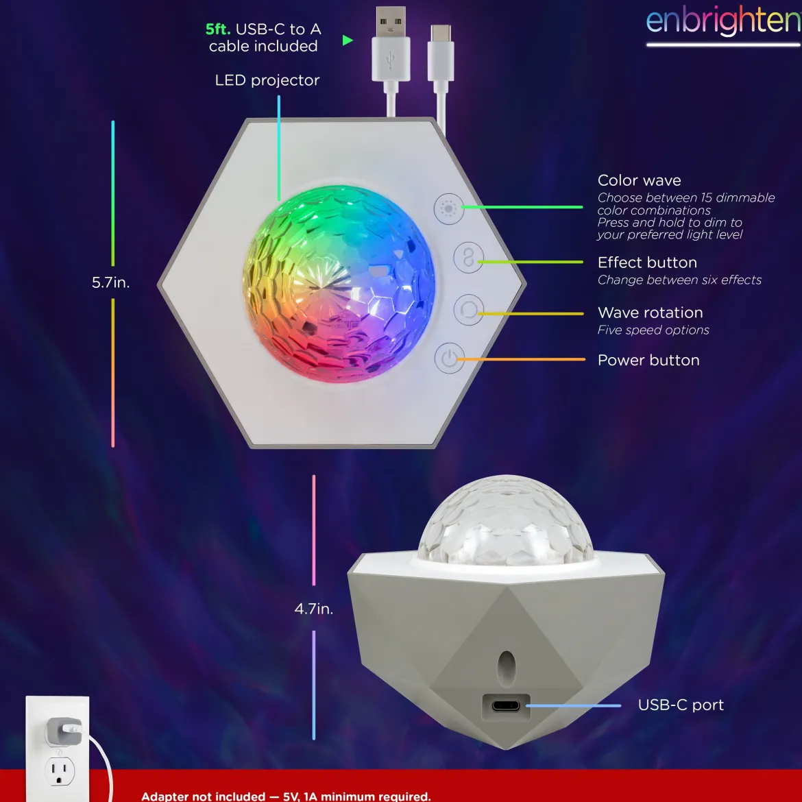 Enbrighten Galaxy Wave Mini Projector LED Tabletop Night Light, White