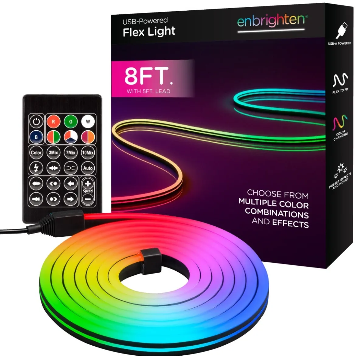 Enbrighten Indoor USB-Powered Color-Changing LED Flex Light with Remote, 8ft., Black