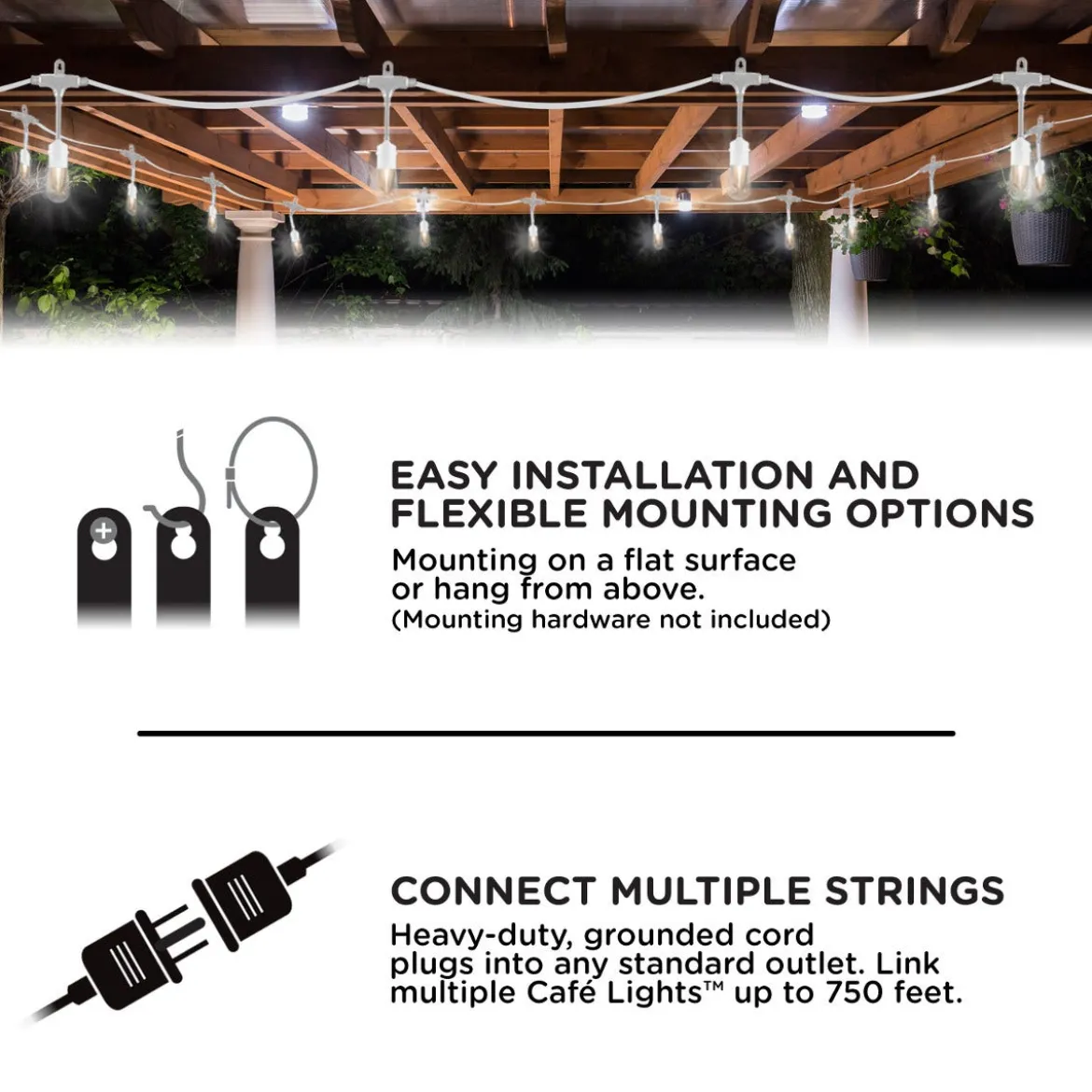 Enbrighten Light Bundle Vintage LED Cafe Lights (6 Bulbs, 12ft. White Cord) and 6 Stainless Steel Cage Shades