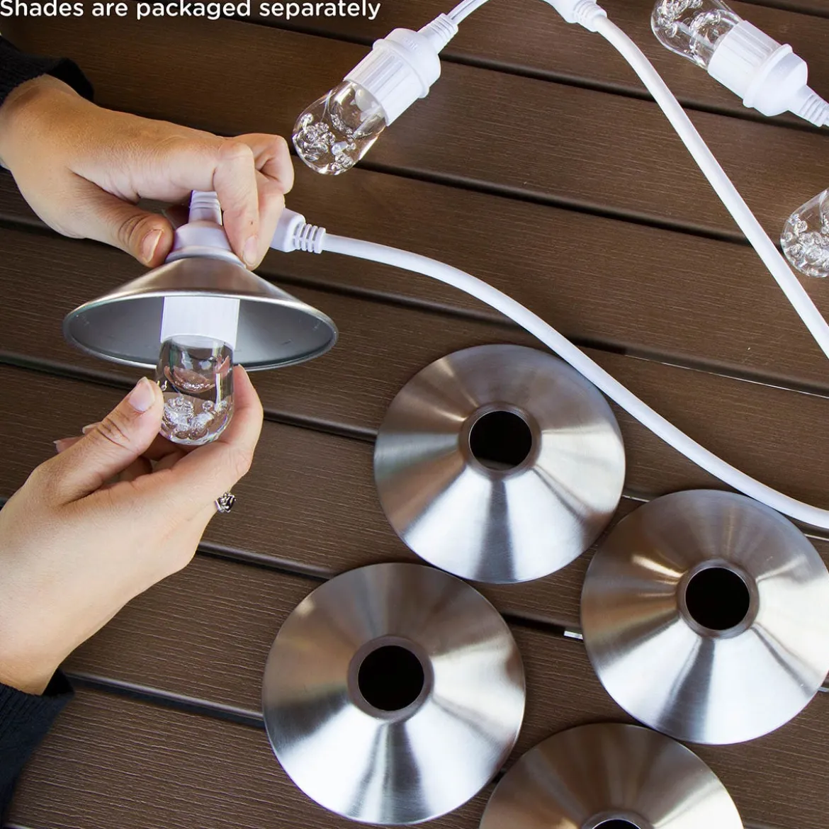 Enbrighten Light Bundle Vintage LED Cafe Lights (6 Bulbs, 12ft. White Cord) and 6 Stainless Steel Cage Shades
