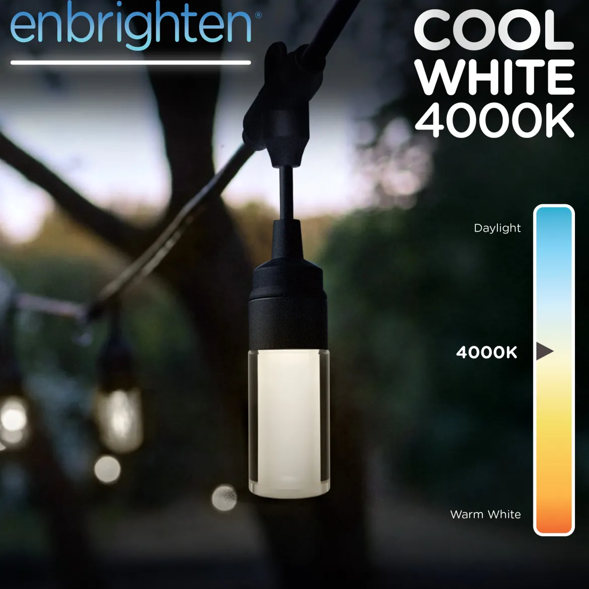 Enbrighten Modern Outdoor String Lights, 48ft, 24 Cylindrical Shatterproof Bulbs, Cool White