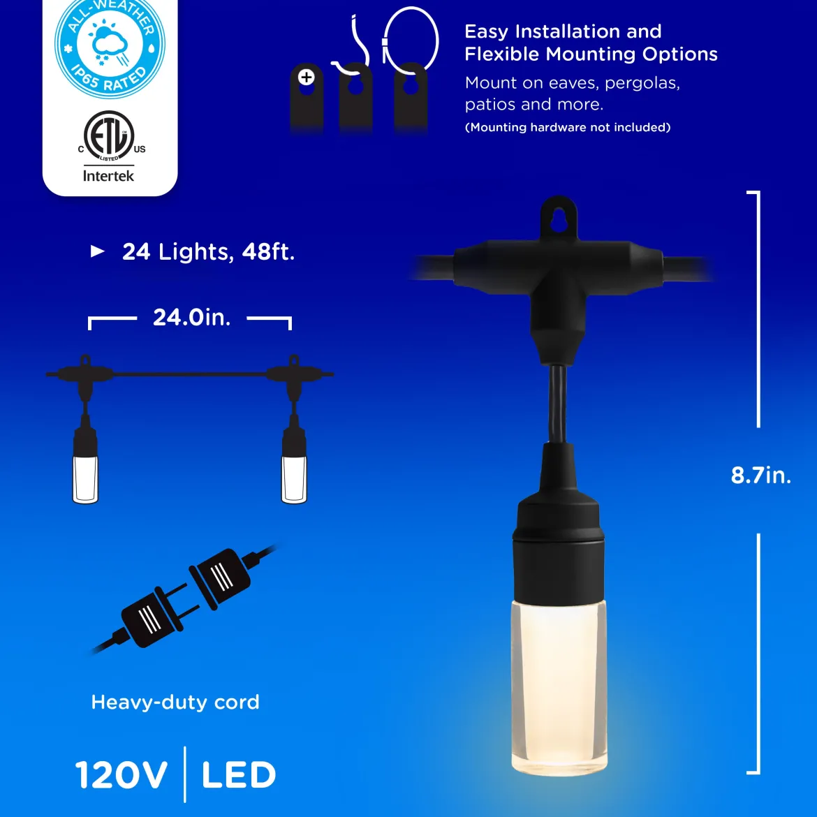 Enbrighten Modern Outdoor String Lights, 48ft, 24 Cylindrical Shatterproof Bulbs, Cool White