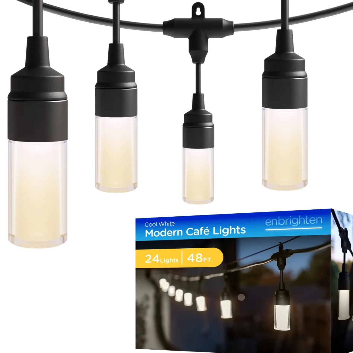 Enbrighten Modern Outdoor String Lights, 48ft, 24 Cylindrical Shatterproof Bulbs, Cool White