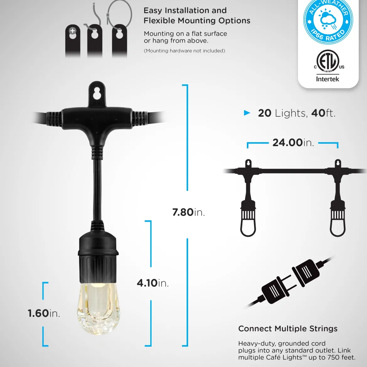 Enbrighten Seasons Color-Changing Classic LED Cafe Lights, 20 Bulbs, 40ft. Black Cord