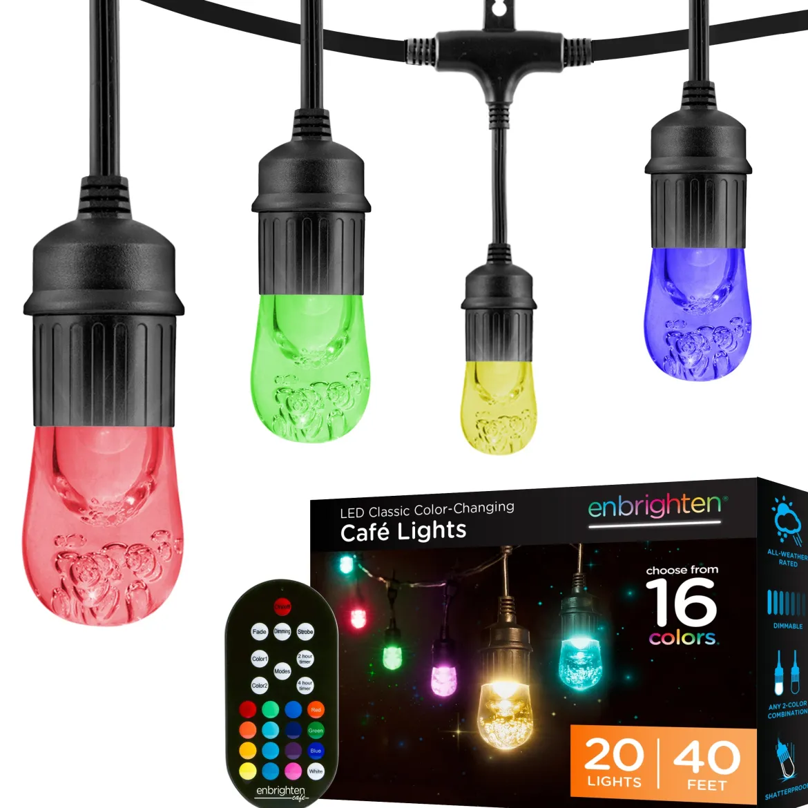 Enbrighten Seasons Color-Changing Classic LED Cafe Lights, 20 Bulbs, 40ft. Black Cord