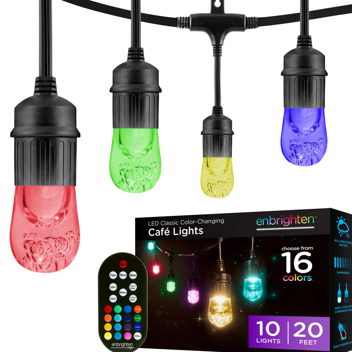 Enbrighten Seasons Color-Changing Classic LED Cafe Lights, 10 Bulbs, 20ft. Black Cord