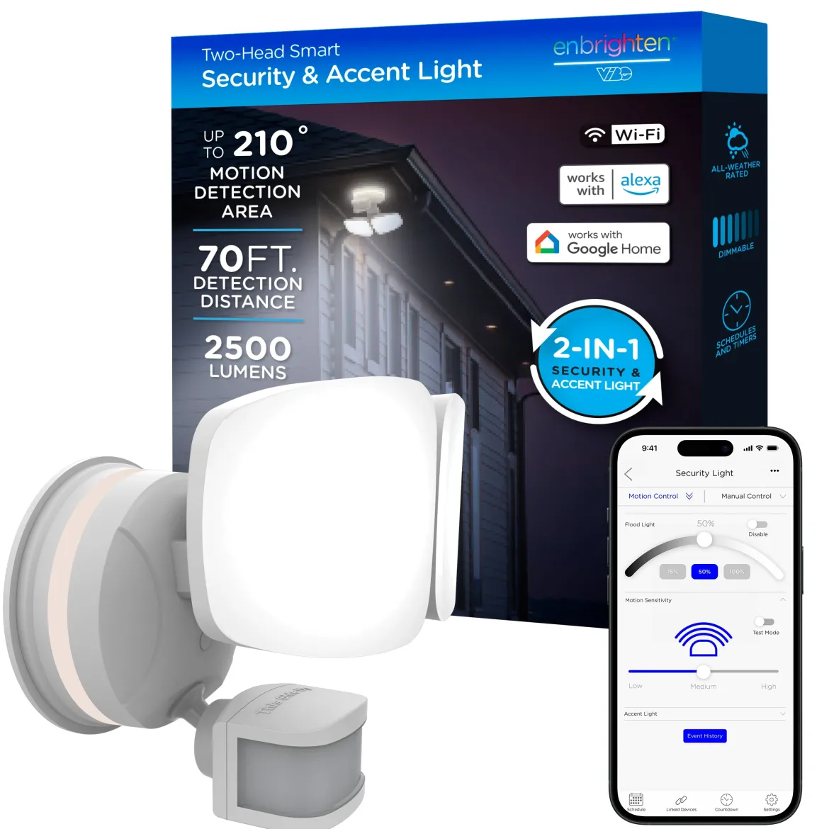 Enbrighten VIBE Outdoor 2-Head Motion-Sensing Back Lit WiFi LED Security Light, White