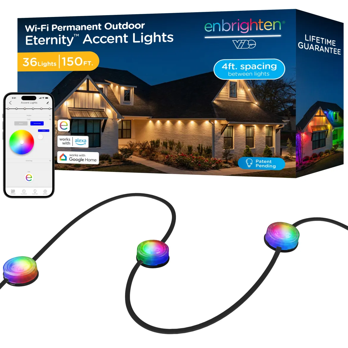 Enbrighten VIBE WiFi Color-Changing Permanent Outdoor Eternity Accent Lights, 36 Lights, 150ft. Black Cord