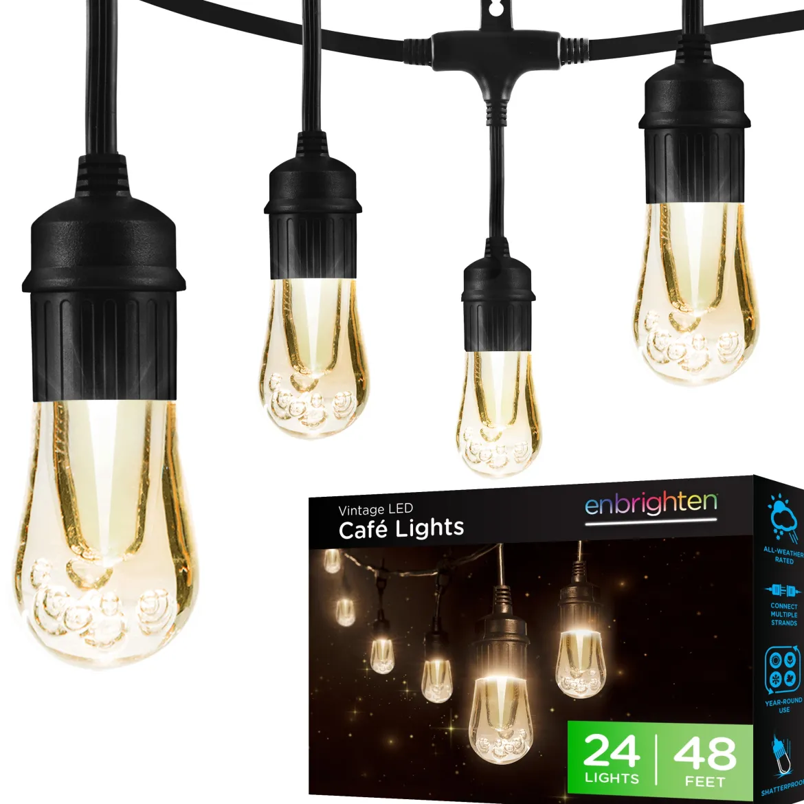Enbrighten Vintage LED Cafe Lights, 24 Bulbs, 48ft. Black Cord