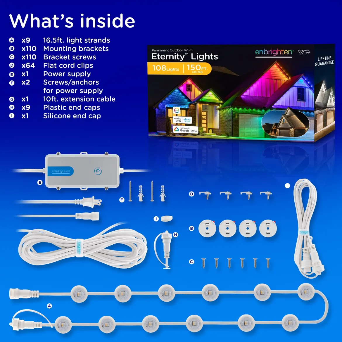 Enbrighten WiFi VIBE Color-Changing Permanent Outdoor Eternity Eave Lights, 108 Lights, 150ft. White