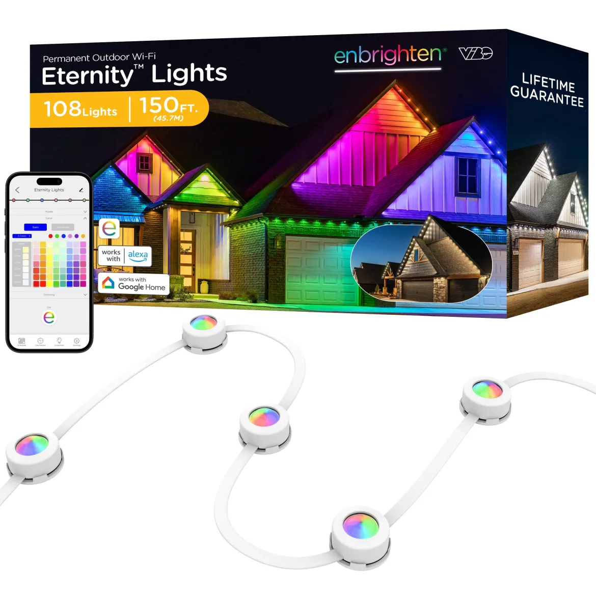 Enbrighten WiFi VIBE Color-Changing Permanent Outdoor Eternity Eave Lights, 108 Lights, 150ft. White
